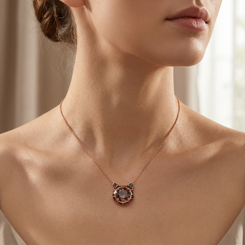 Sotiya Cat Design Round Cut Leopard Print Coffee Enamel Necklace Sterling Silver-Sotiya