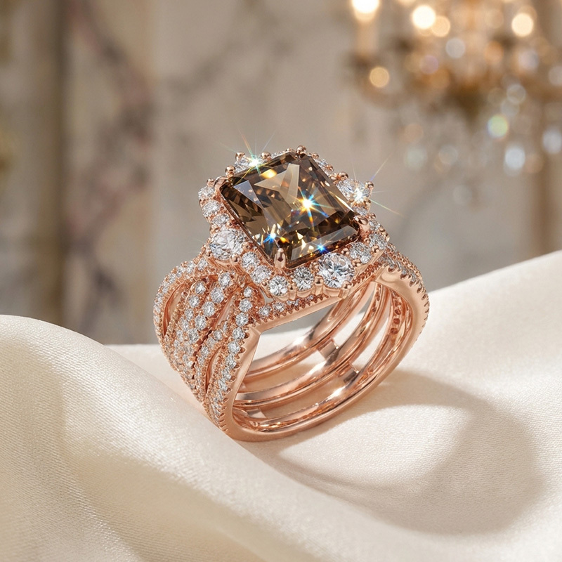 Sotiya Twist Coffee Radiant Cut Enhancer Wedding Bridal Ring Set Sterling Silver