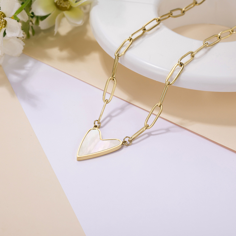 Sotiya Heart-shaped Mother of Pearl Paperclip Chain Necklace Titanium Steel-Sotiya