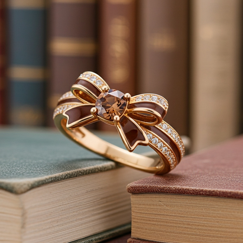 Sotiya Cushion Cut Bowknot Coffee Enamel Promise Ring Sterling Silver-Sotiya