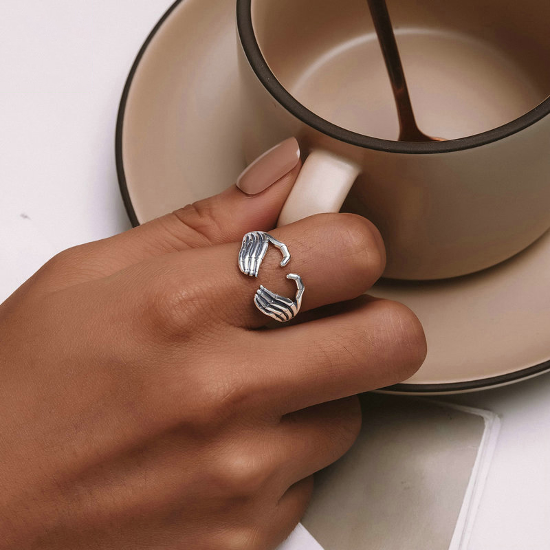 Sotiya Halloween Skeleton Hand Heart Claddagh Openable Ring Sterling Silver-Sotiya