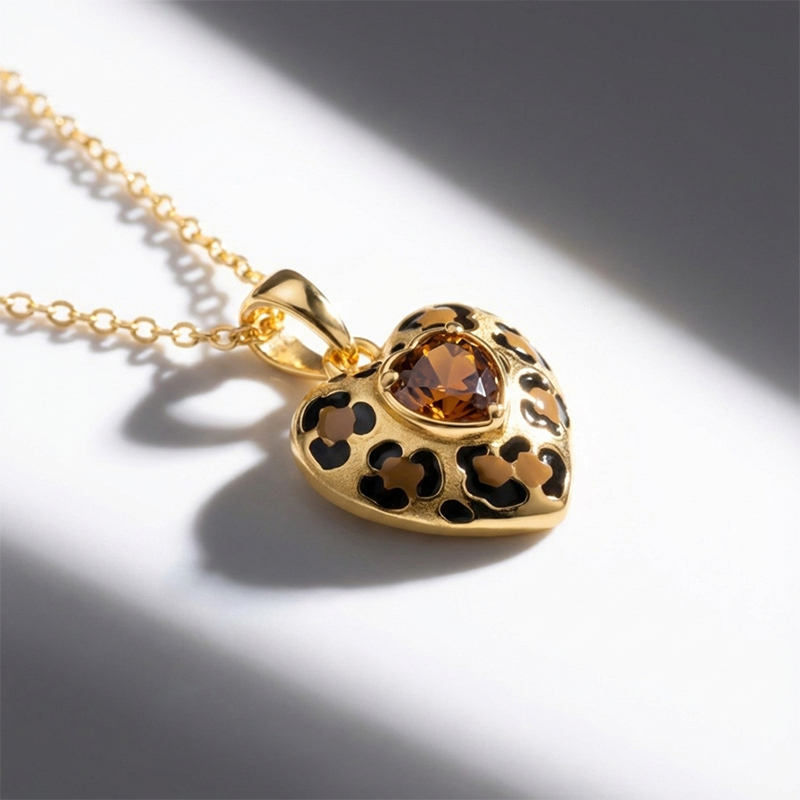 Sotiya Heart Cut Leopard Print Coffee Enamel Necklace Sterling Silver-Sotiya