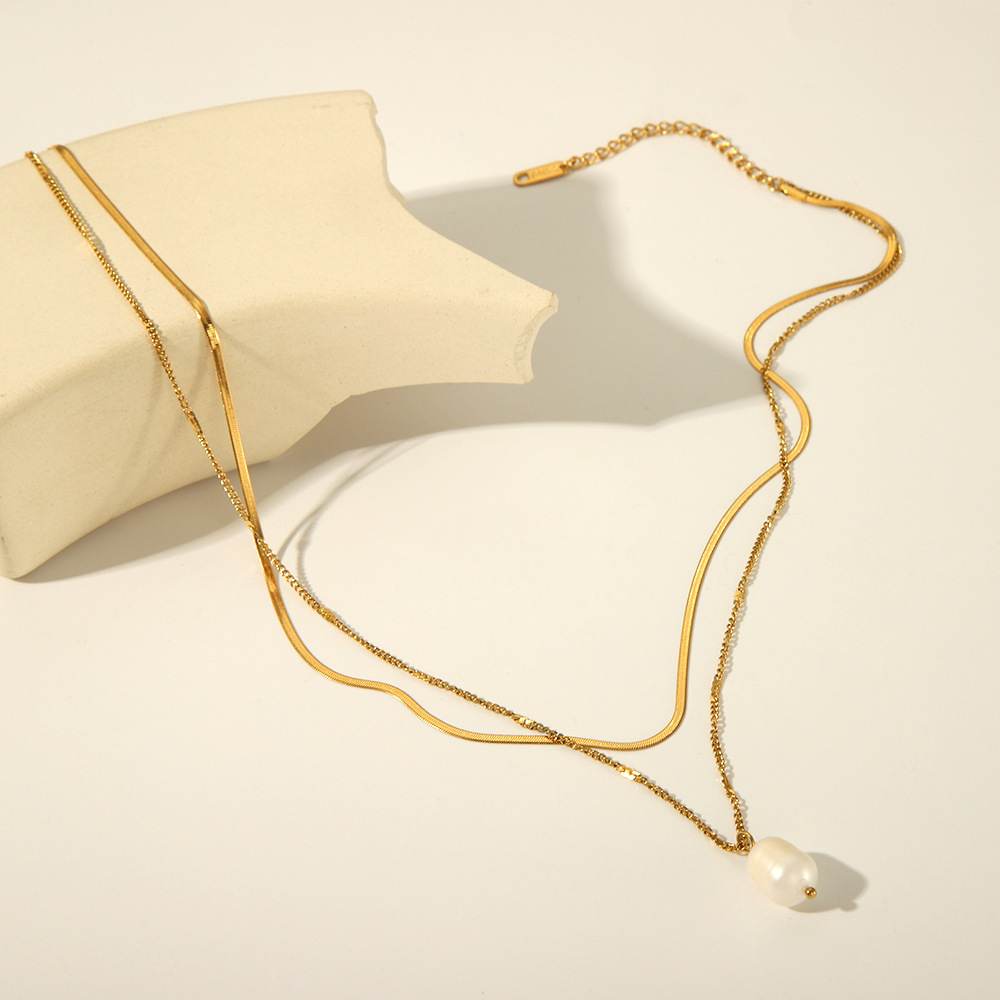 Sotiya Freshwater Pearl Double Omega Necklace Titanium Steel with Gold Plating-Sotiya