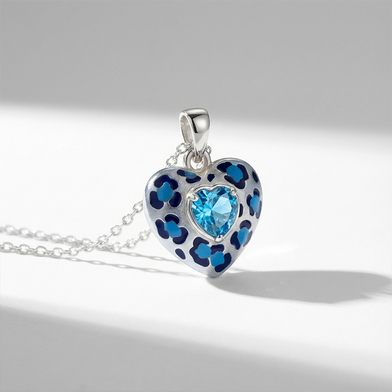 Sotiya Heart Cut Leopard Print Coffee Enamel Necklace Sterling Silver-Sotiya