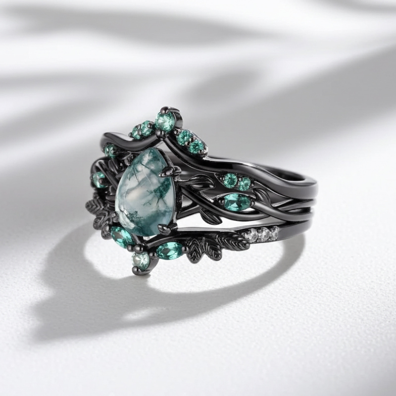 Sotiya 3PC Nature Inspired Pear Cut Green Moss Agate Wedding Bridal Ring Set Sterling Silver-Sotiya