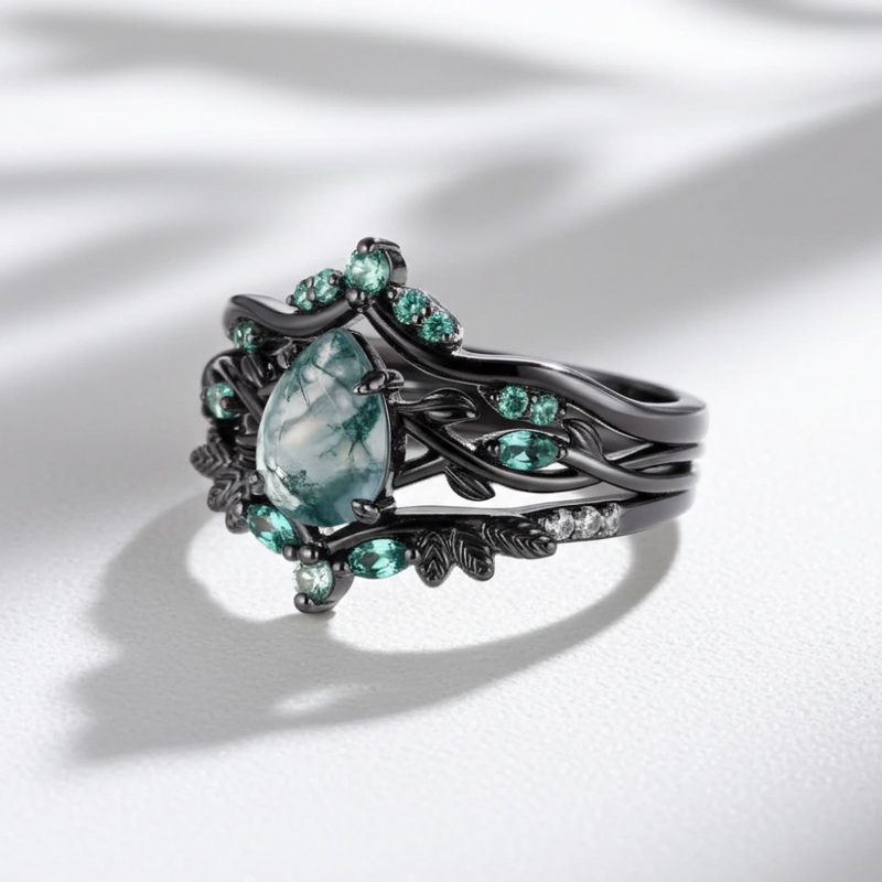 Sotiya 3PC Nature Inspired Pear Cut Green Moss Agate Wedding Bridal Ring Set Sterling Silver-Sotiya