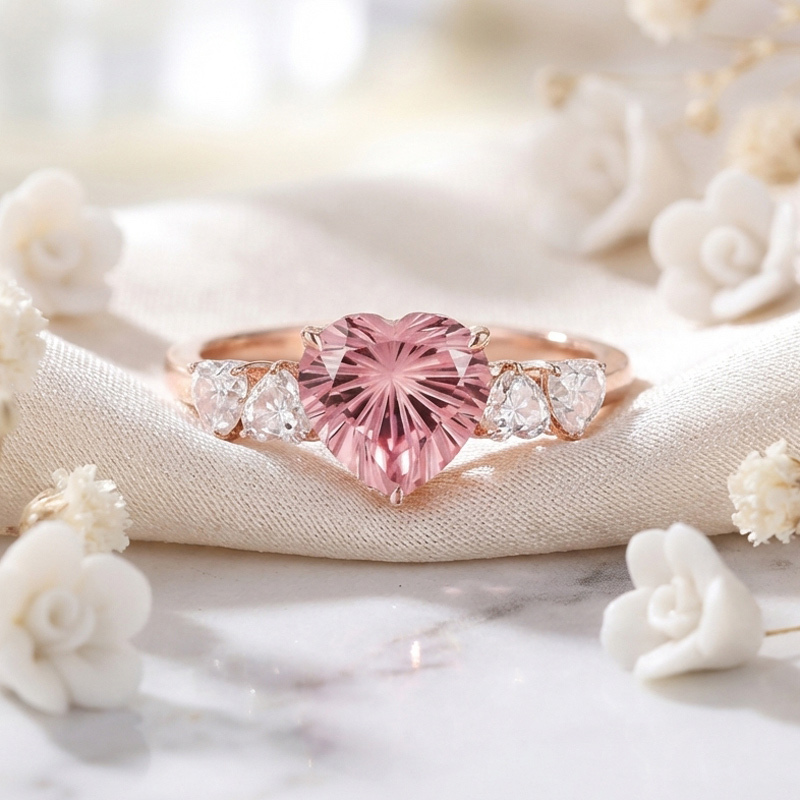 Sotiya Heart Sidestones Pink Heart Fantasy Starbrite Cut Engagement Ring Sterling Silver-Sotiya