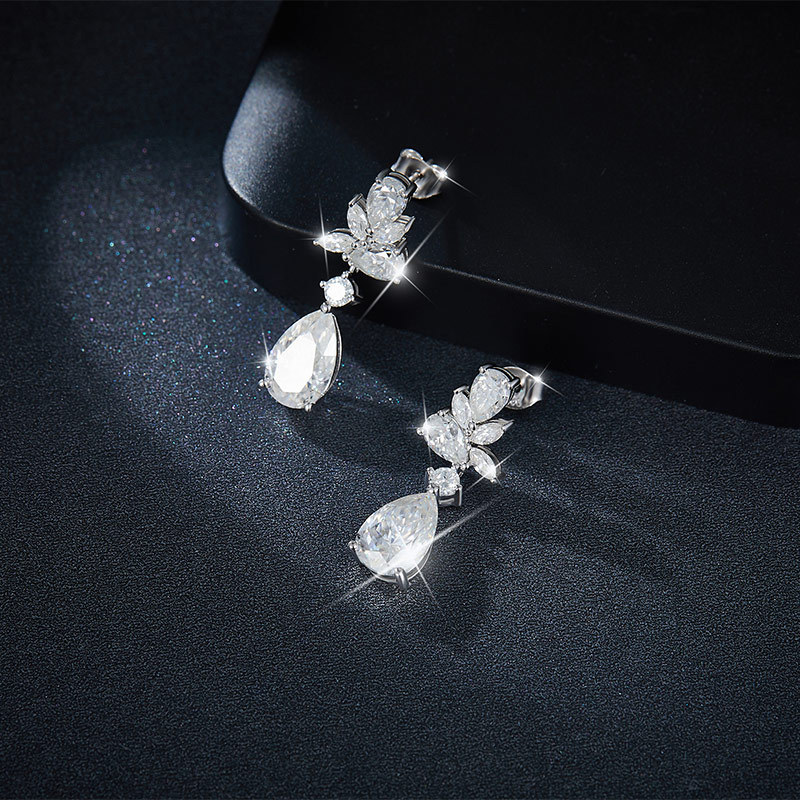 Sotiya Vintage Leaf Design Pear Cut Moissanite Drop Earrings Sterling Silver-Sotiya