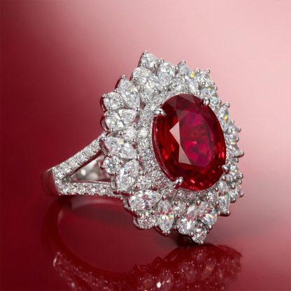 Sotiya Unique Halo Lab Grown Ruby Red Oval Cut Cocktail Ring Sterling Silver