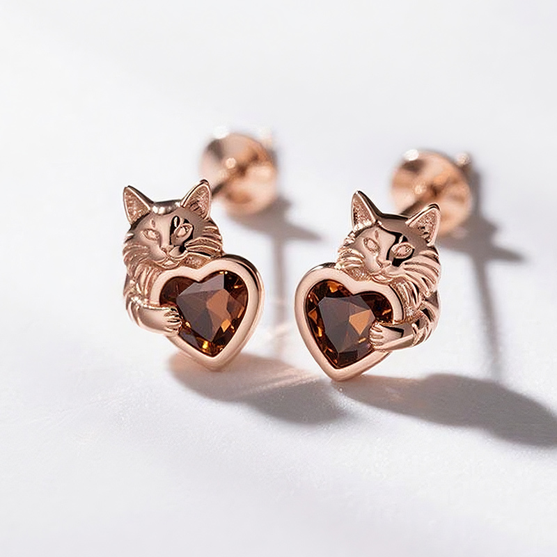 Sotiya Heart-cut Coffee Maine Coon Stud Earrings Sterling Silver-Sotiya