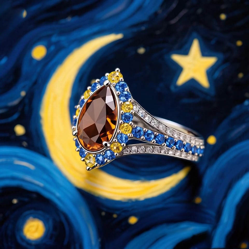 Sotiya Artist Collection Famous Painting Starry Night Halo Pear Cut Chocolate Engagement Ring Sterling Silver-Sotiya