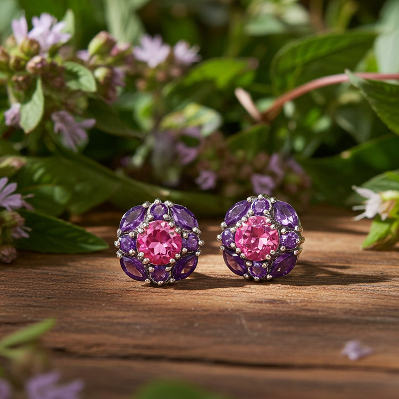 Sotiya Halo Amethyst and Hot Pink Round Cut Stud Earrings Sterling Silver