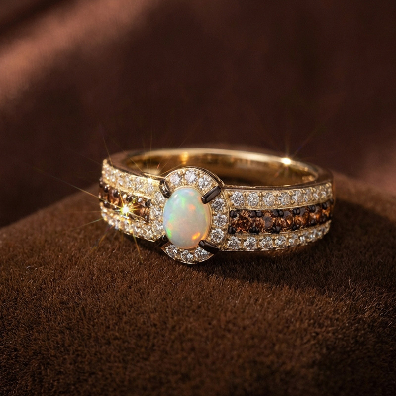 Sotiya Two Tone Halo Oval Cut Opal Coffee Engagement Ring Sterling Silver-Sotiya