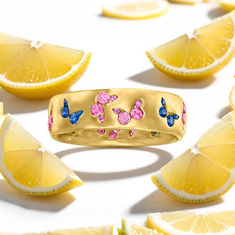 Sotiya Hot Pink and Blue Sapphire Butterfly Cigar Women's Wedding Ring Sterling Silver-Sotiya