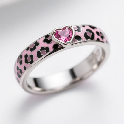 Sotiya Heart Cut Pink Leopard Print Enamel Ring Sterling Silver-Sotiya