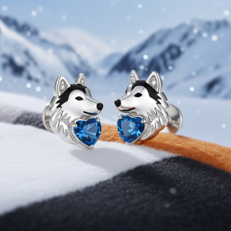 Sotiya Husky Dog Embraces Love Heart Stud Earrings-Sotiya