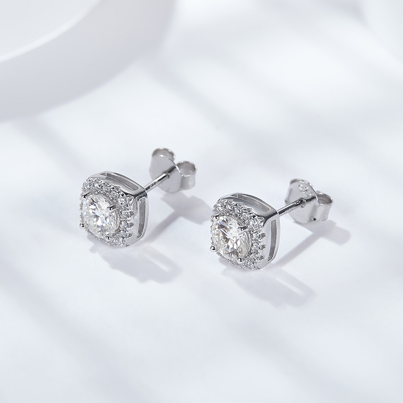 Sotiya Square Halo Design Round Cut Moissanite Stud Earrings Sterling Silver-Sotiya