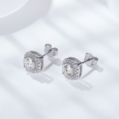Sotiya Square Halo Design Round Cut Moissanite Stud Earrings Sterling Silver-Sotiya