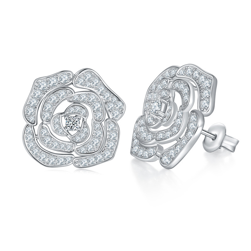 Sotiya Hollow Rose Round Cut Moissanite Stud Earrings Sterling Silver-Sotiya