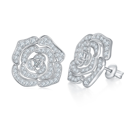 Sotiya Hollow Rose Round Cut Moissanite Stud Earrings Sterling Silver-Sotiya