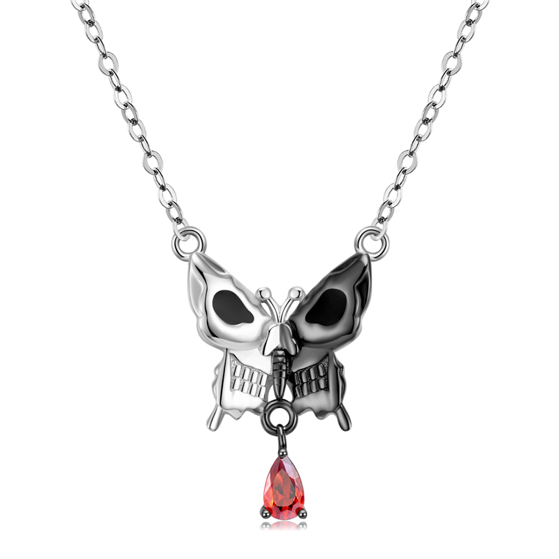 Sotiya Two Tone Butterfly Skull Necklace Sterling Silver-Sotiya