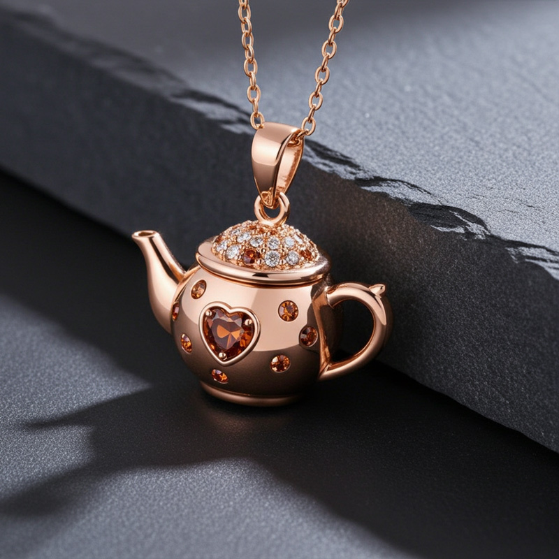 Sotiya Best Buds Teapot and Dancing Princess Heart Cut Chocolate Necklace Sterling Silver-Sotiya