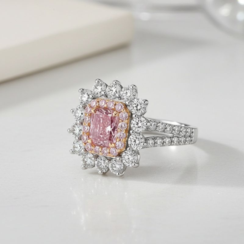 Sotiya Two Halo Purplish-pink Radiant Cut Engagement Ring High-carbon Zircon Sterling Silver