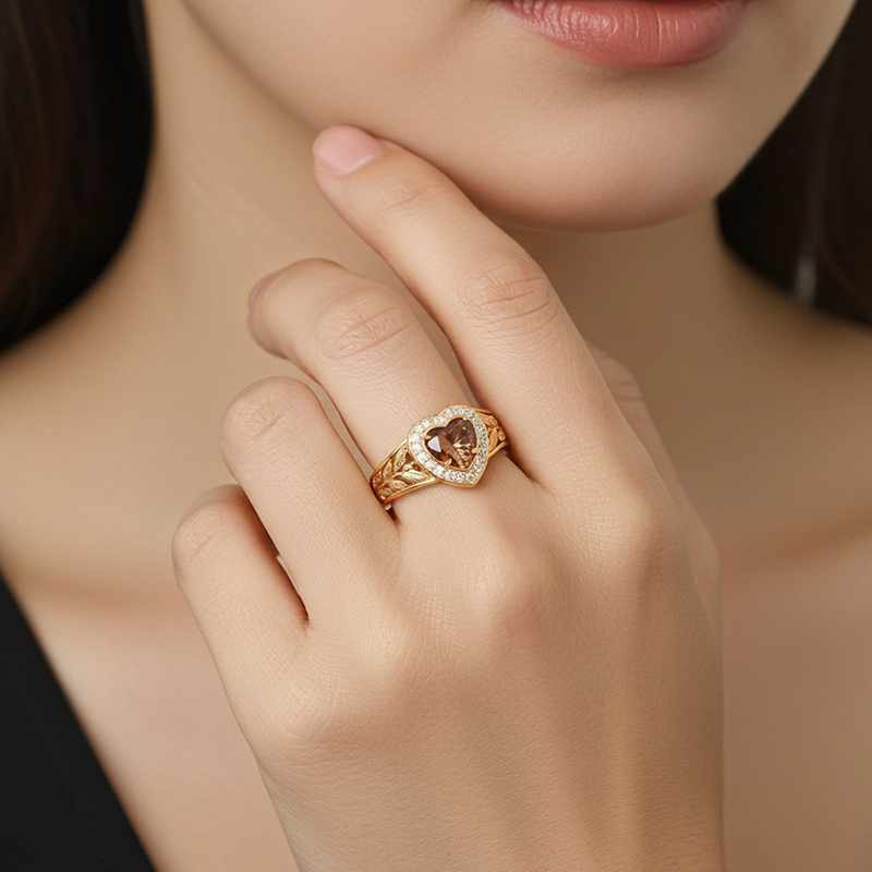 Sotiya Halo Heart Cut Vintage Leaf Coffee Engagement Ring Sterling Silver-Sotiya