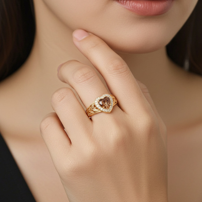 Sotiya Halo Heart Cut Vintage Leaf Coffee Engagement Ring Sterling Silver-Sotiya