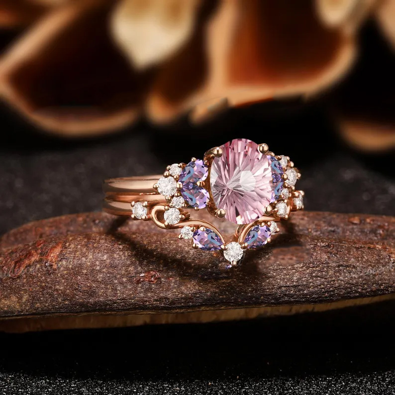 Sotiya Sidestones Cluster Pink Oval Fantasy Starbrite Cut Wedding Bridal Ring Set Sterling Silver-Sotiya