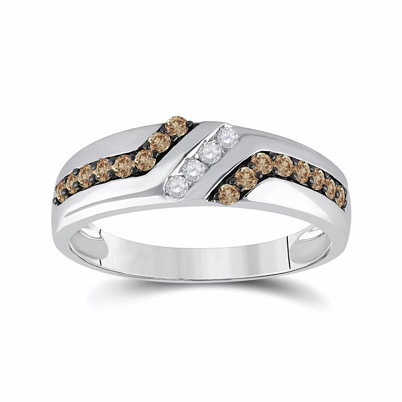 Sotiya White Gold Round Coffee Stone Band Men's Wedding Ring Sterling Silver-Sotiya