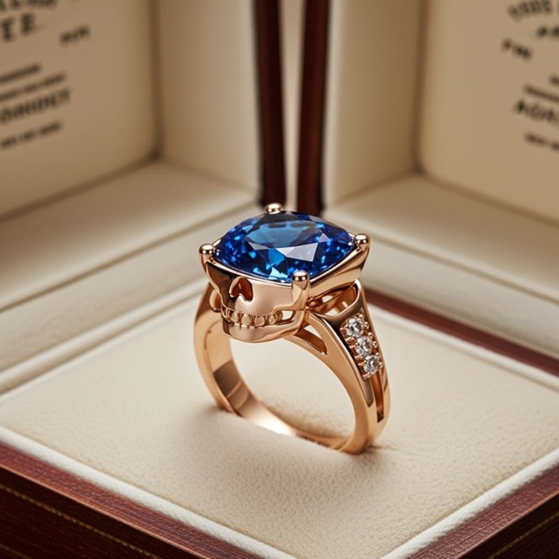 Sotiya Gothic Skull Cushion Cut Sapphire Blue Cocktail Ring Sterling Silver-Sotiya