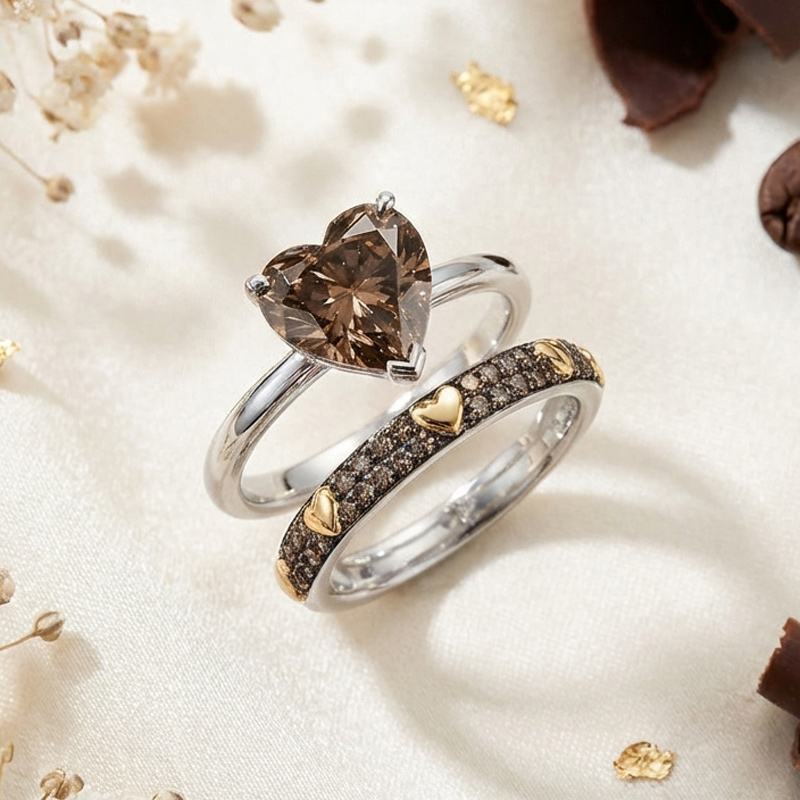 Sotiya Solitaire Heart Cut Coffee Wedding Bridal Ring Set Sterling Silver-Sotiya
