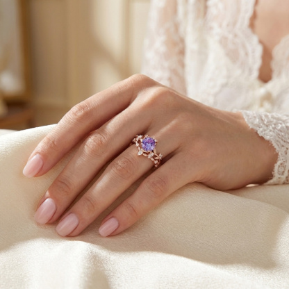 Sotiya Nature Inspired Leaf Purple Round Fantasy Starbrite Cut Engagement Ring Sterling Silver-Sotiya