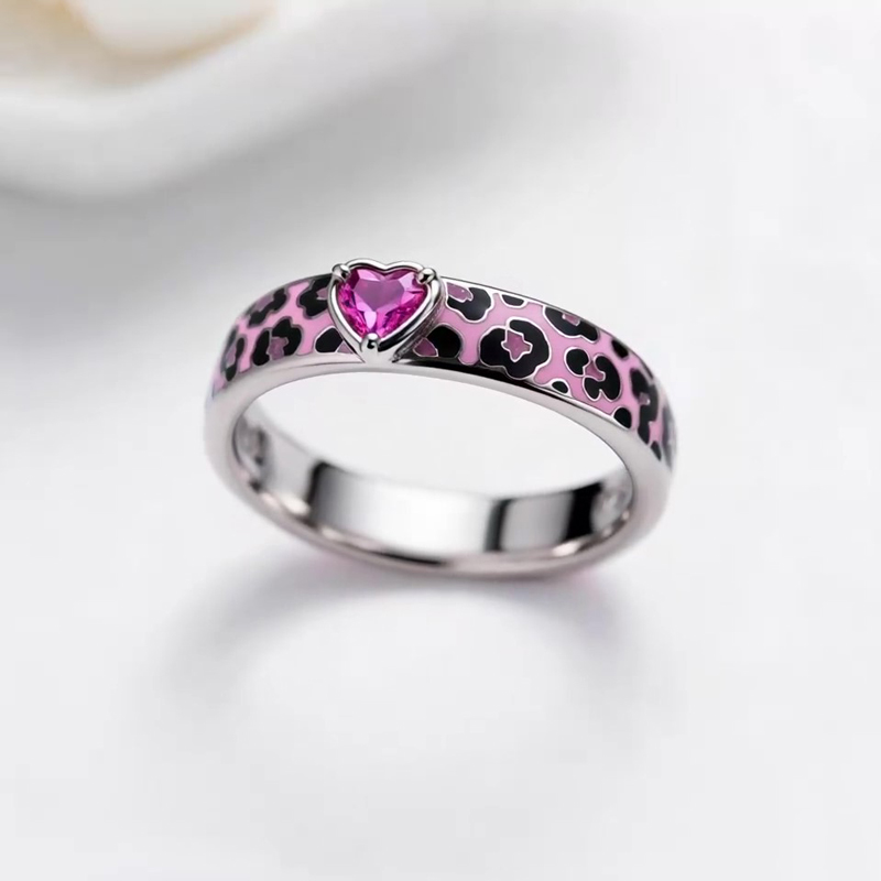 Sotiya Heart Cut Pink Leopard Print Enamel Ring Sterling Silver-Sotiya