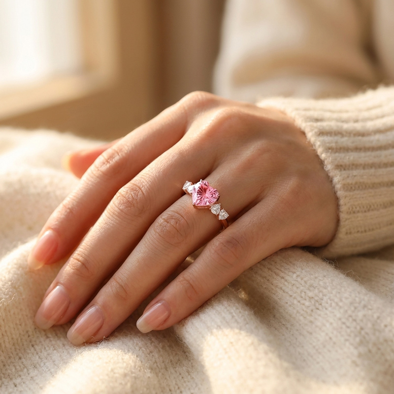 Sotiya Heart Sidestones Pink Heart Fantasy Starbrite Cut Engagement Ring Sterling Silver-Sotiya