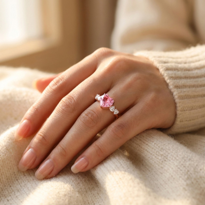 Sotiya Heart Sidestones Pink Heart Fantasy Starbrite Cut Engagement Ring Sterling Silver-Sotiya