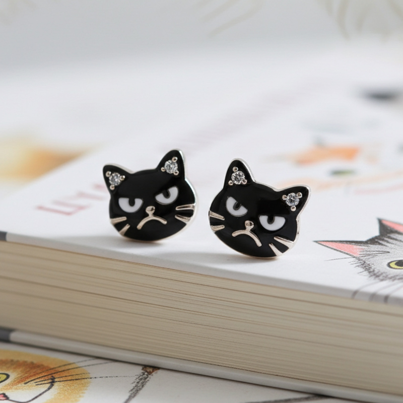 Sotiya Grumpy Black Cat Enamel Stud Earrings-Sotiya