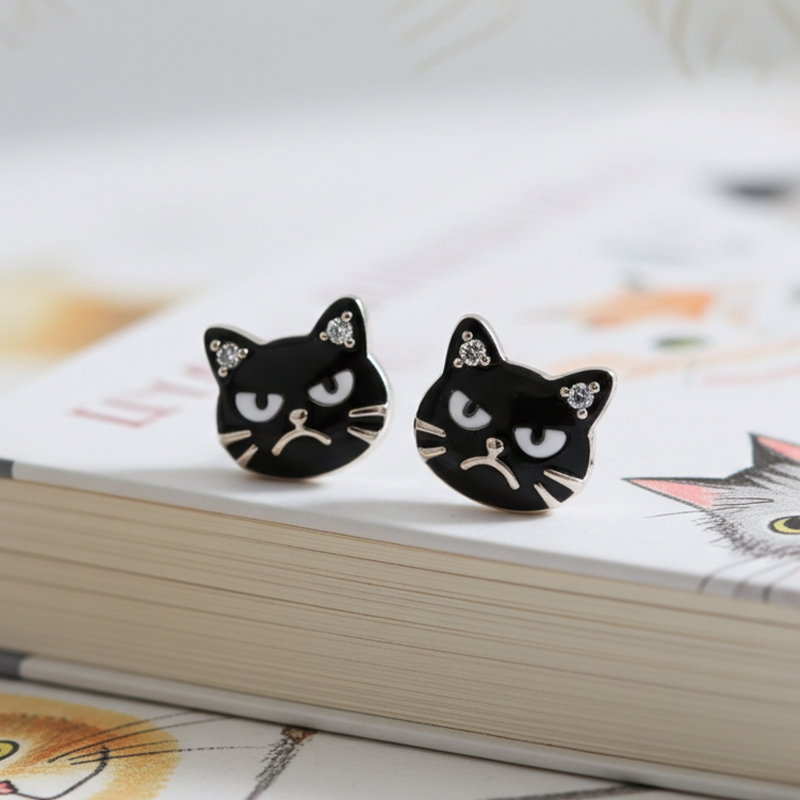Sotiya Grumpy Black Cat Enamel Stud Earrings-Sotiya