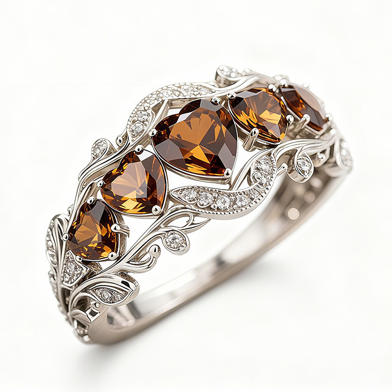 Sotiya Heart Cut Vintage Filigree Coffee Wedding Ring Band Sterling Silver-Sotiya