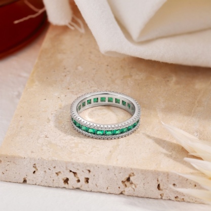 Sotiya Princess Cut Emerald Green Eternity Ring Sterling Silver