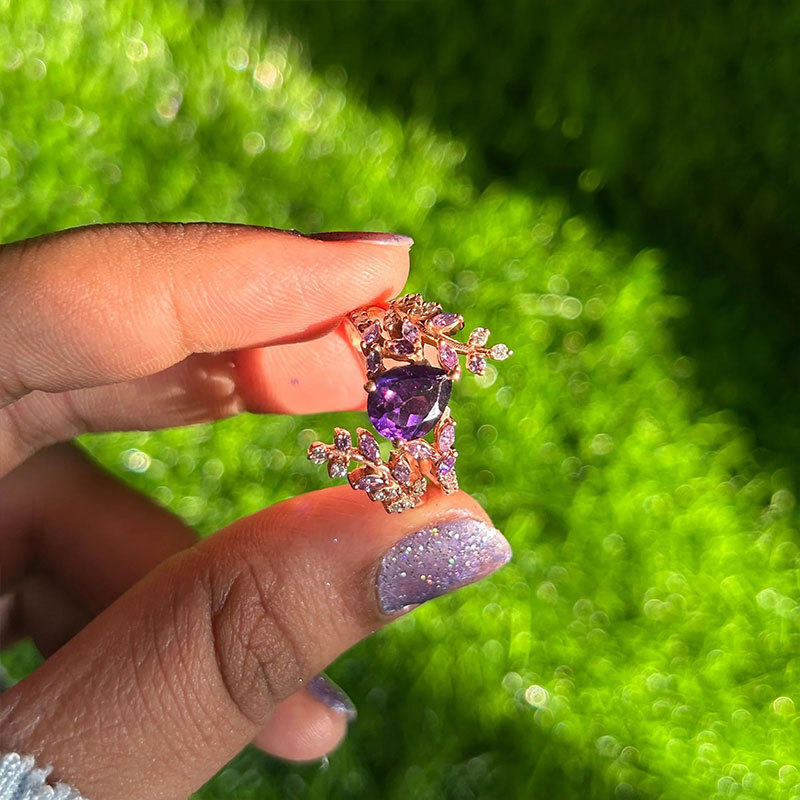 Sotiya Amethyst Pear Cut Leaf Inspired Engagement Ring Sterling Silver-Sotiya