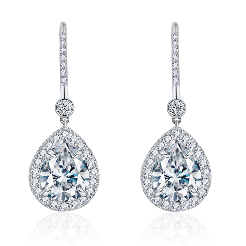 Sotiya Halo Pear Cut Moissanite Drop Earrings Sterling Silver-Sotiya