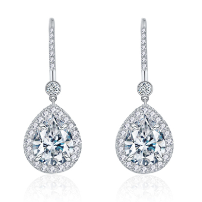 Sotiya Halo Pear Cut Moissanite Drop Earrings Sterling Silver-Sotiya