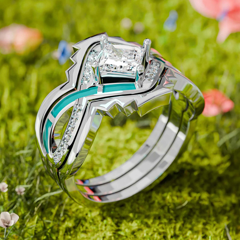 Sotiya Three Piece Twist Princess Cut Enamel Bridal Wedding Ring Set  Sterling Silver-Sotiya