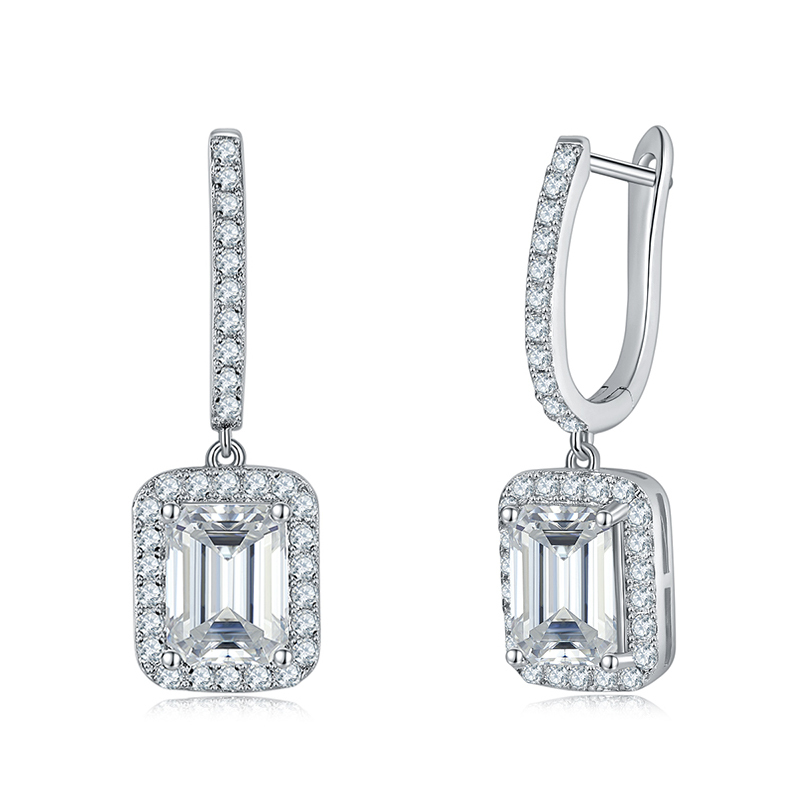 Sotiya Halo Emerald Cut Moissanite Drop Earrings Sterling Silver-Sotiya