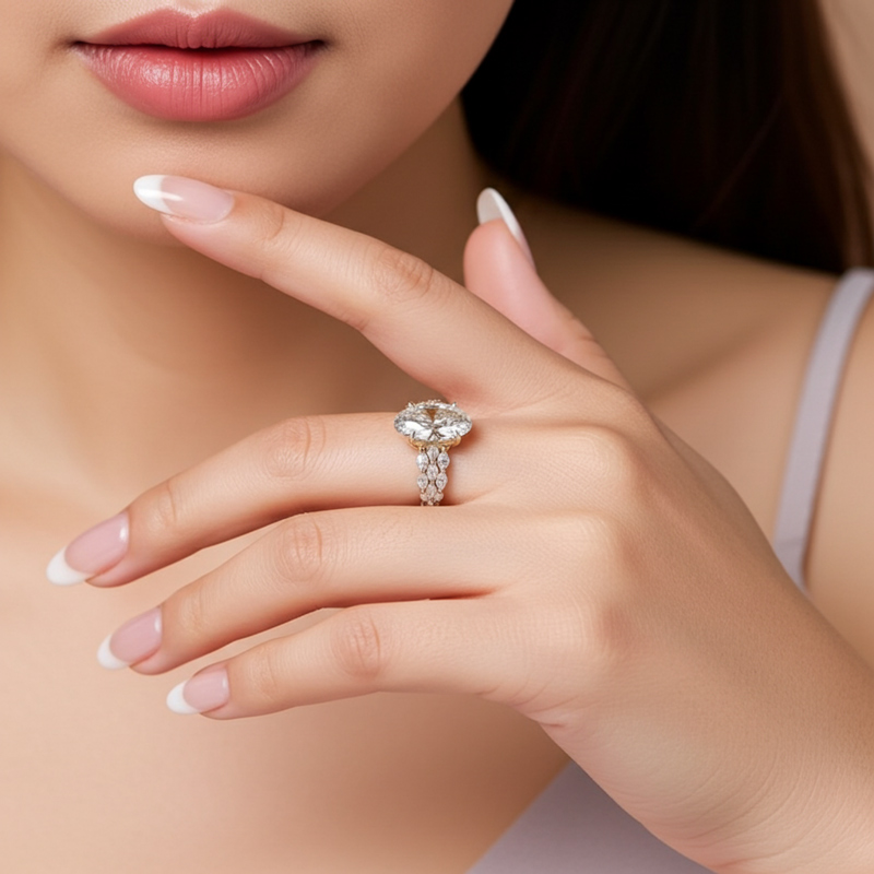 Sotiya 3PC Oval Cut Flower Prongs Wedding Bridal Ring Set Sterling Silver-Sotiya