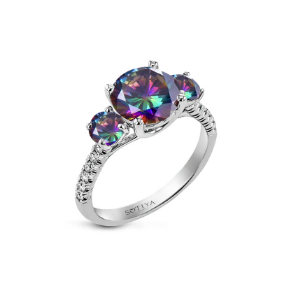 Sotiya Three Stone Round Cut Rainbow Mystic Quartz Engagement Ring Sterling Silver-Sotiya