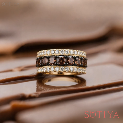 Sotiya Three-Row Round Cut Coffee Women's Wedding Ring Sterling Silver