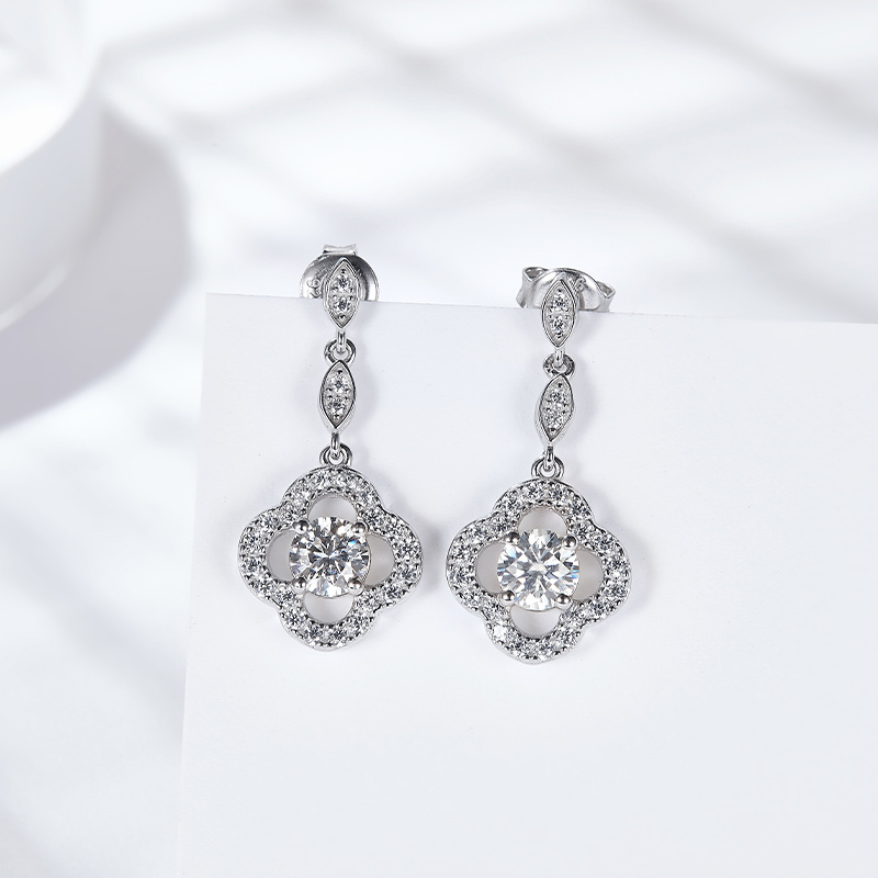Sotiya Four Leaf Clover Round Cut Moissanite Drop Earrings Sterling Silver-Sotiya
